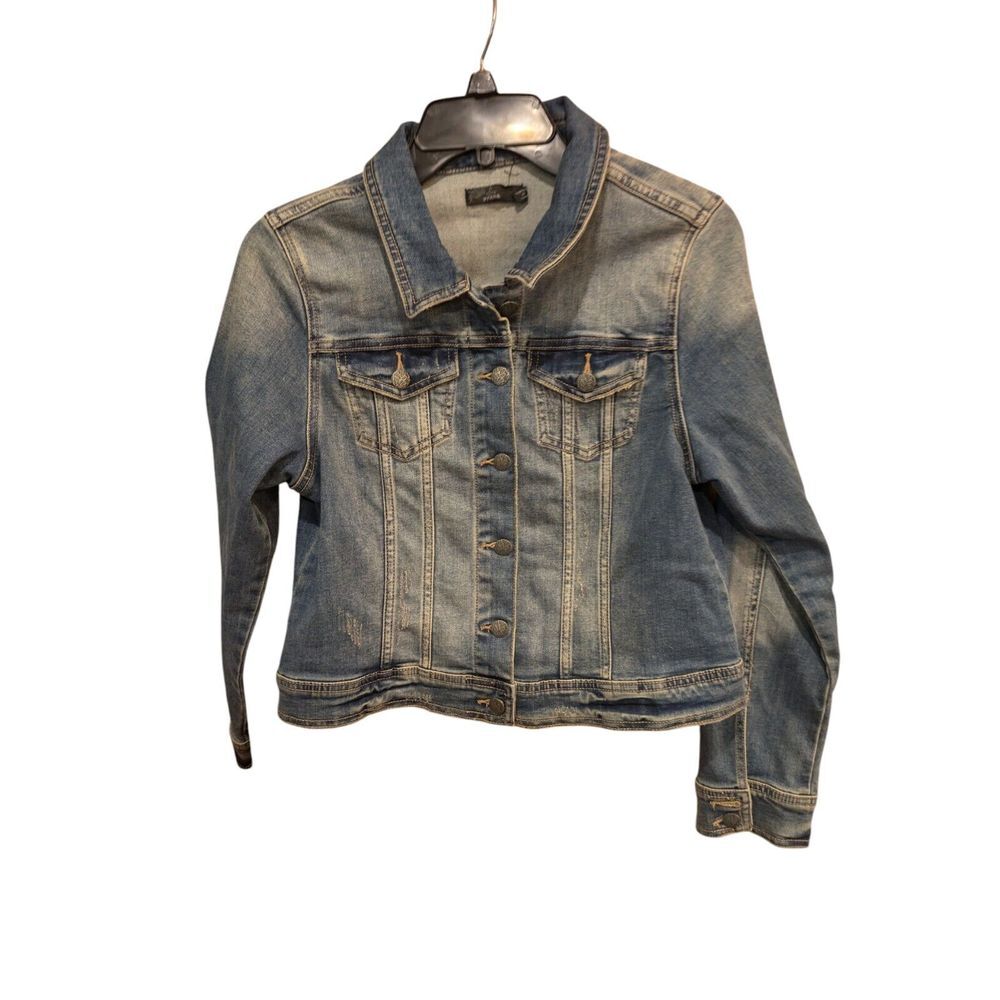 Prana Jean Jacket Blue Denim Stretch Distressed Trucker Metal Buttons Size Mediu